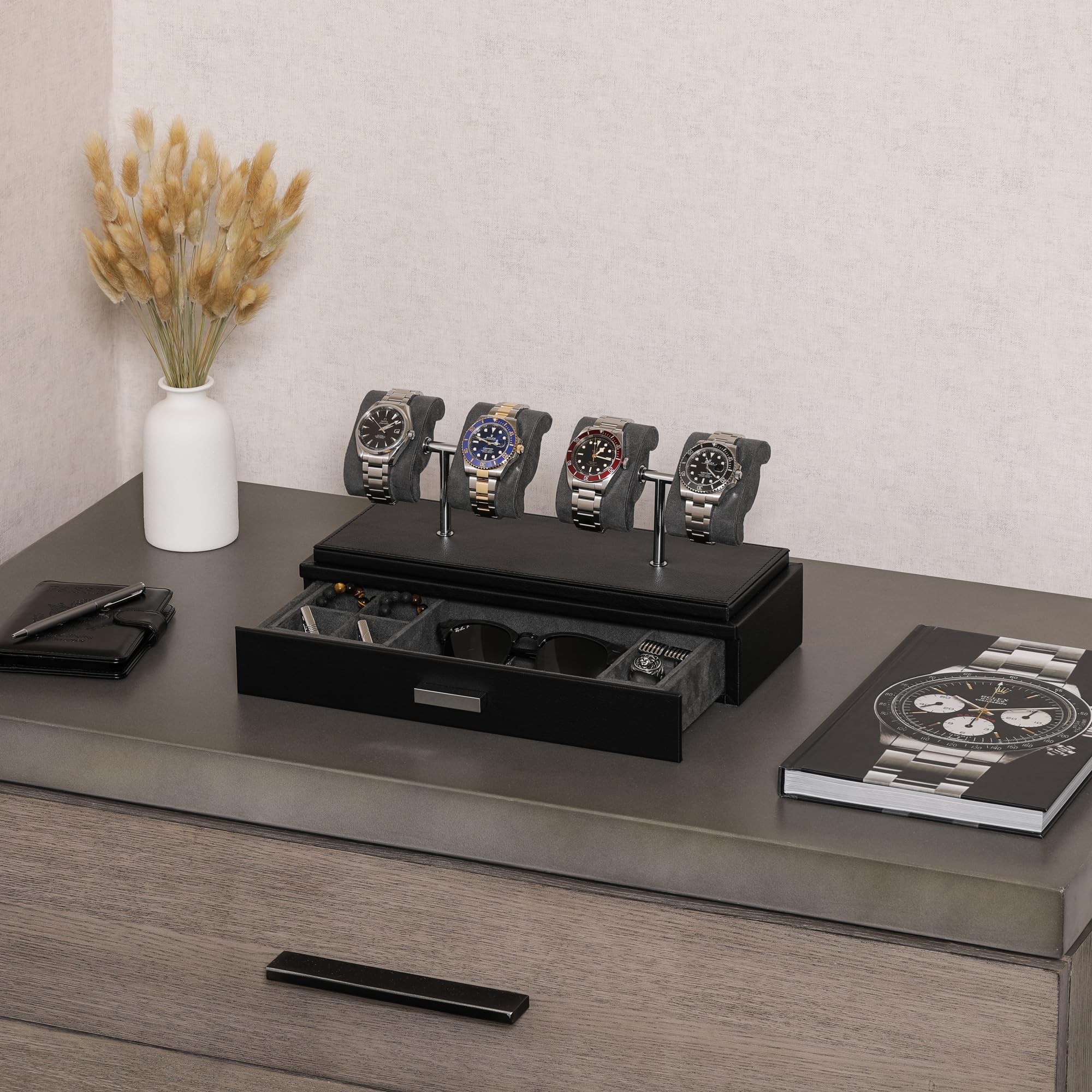 ROTHWELL Luxury Watch Display Case for 4 Watches – Premium Leather Watch Box with Clear Acrylic Cover & Removable Cushions – Multi-Use Accessory Drawer (Black/Grey) – Perfect for Watch Collectors, Gifts & Jewelry Storage