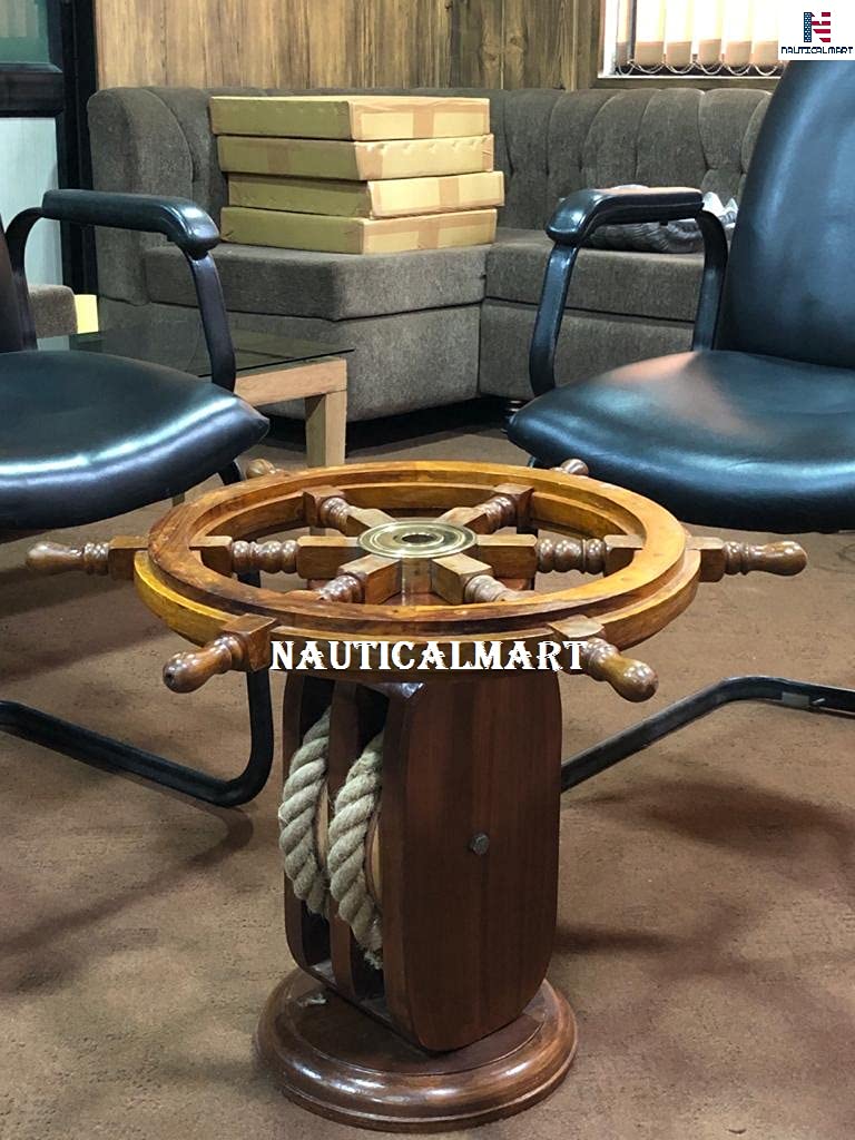 Nautical Ship Wheel Coffee Table with Rope Base - 24 Inch Rustic Coastal Decor for Living Room, Beach House & Cabin - Unique Nautical Furniture Centerpiece for Home & Office