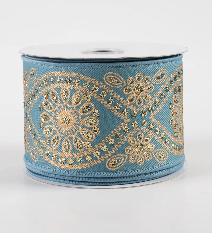 10 Yards Smoke Blue & Gold Deluxe Wavy Floral Ribbon - Perfect for Gift Wrapping, Wedding Decorations, DIY Crafts and Scrapbooking
