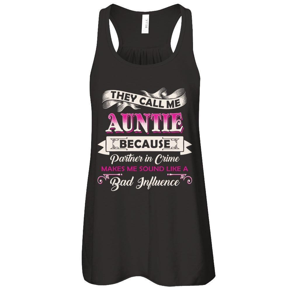 TeesCentury Women's 'They Call Me Auntie Because Partner in Crime' Racerback Tank Top - Soft Flowy Summer Casual Shirt for Women, Perfect for Beach Outings, Girls Trips & Family Gatherings