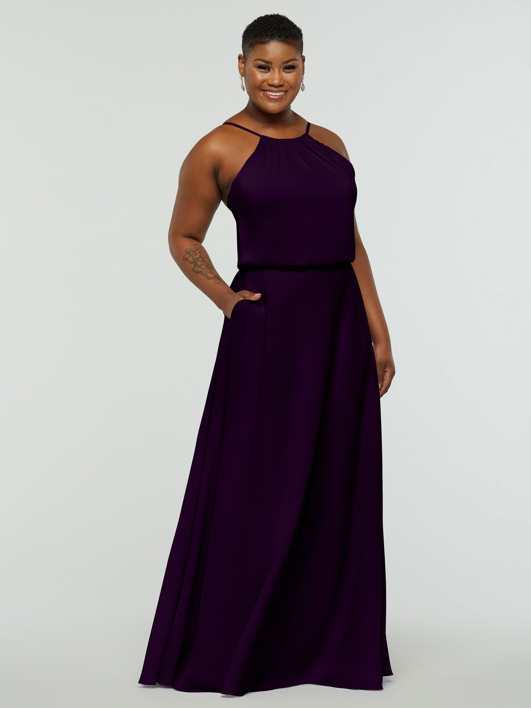 Elegant 83015 Stretch Chiffon A-Line Bridesmaid Dress with Halter Neckline - Perfect for Weddings, Formal Events & Special Occasions