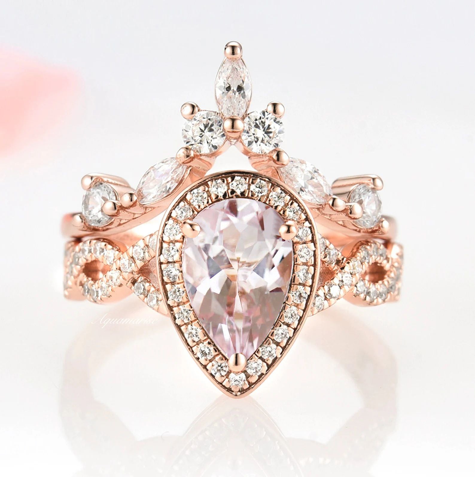 14K Rose Gold Vermeil Morganite Teardrop Ring Set for Women - Elegant Stackable Rings for Engagement, Wedding, Anniversary & Everyday Wear
