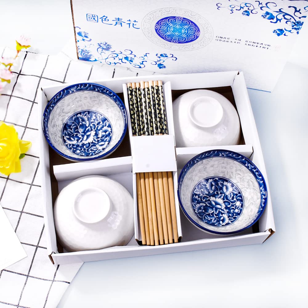 Blue and White Porcelain Chinese Bowl and Chopsticks Set of 4 - Rice, Soup, Sushi, Cereal Bowls with Delicate Gift Box | Elegant Tableware for Asian Dining, Home Decor, and Party Serving