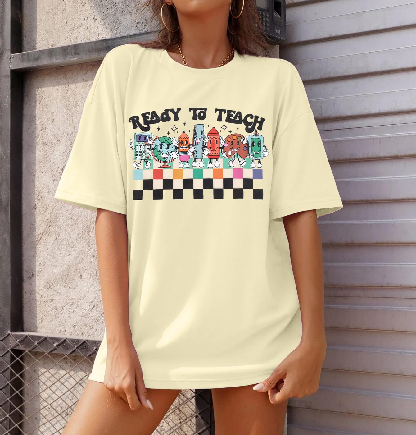 Funny Oversized Teacher T-Shirt for Women - Ready to Teach Short Sleeve Tee | Back to School Gift Idea & Comfortable Casual Wear for Classroom or Daily Life