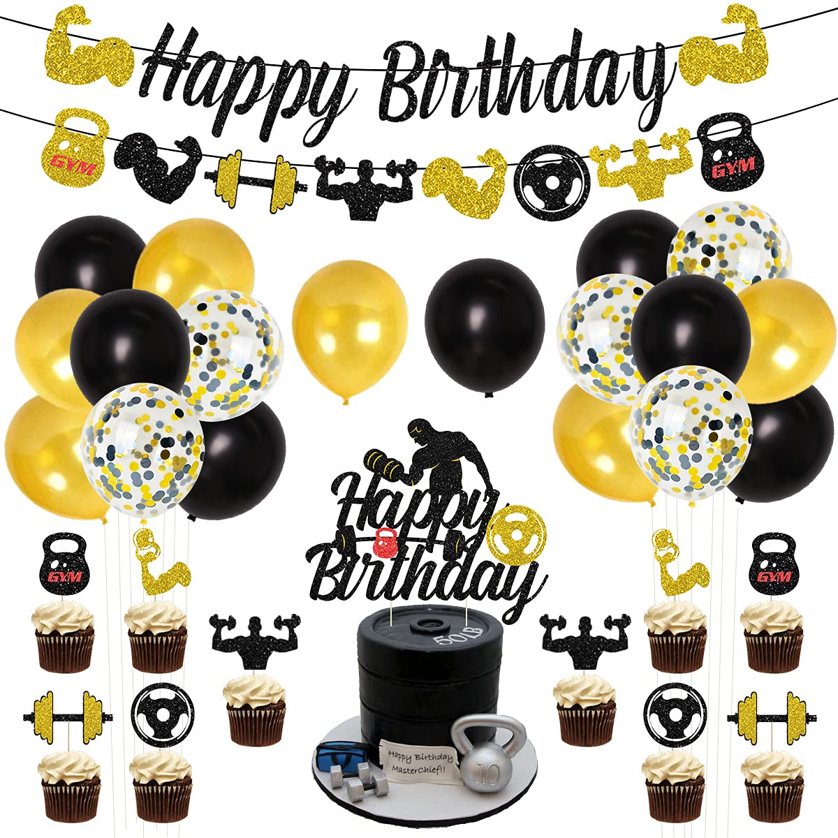 Black and Gold Gym Birthday Party Decorations - Weight Lifting Theme Party Supplies with Fitness Cake Topper & Glitter Banner | Perfect for Men's Fitness Themed Celebrations, Workout Parties & Gym Enthusiast Events