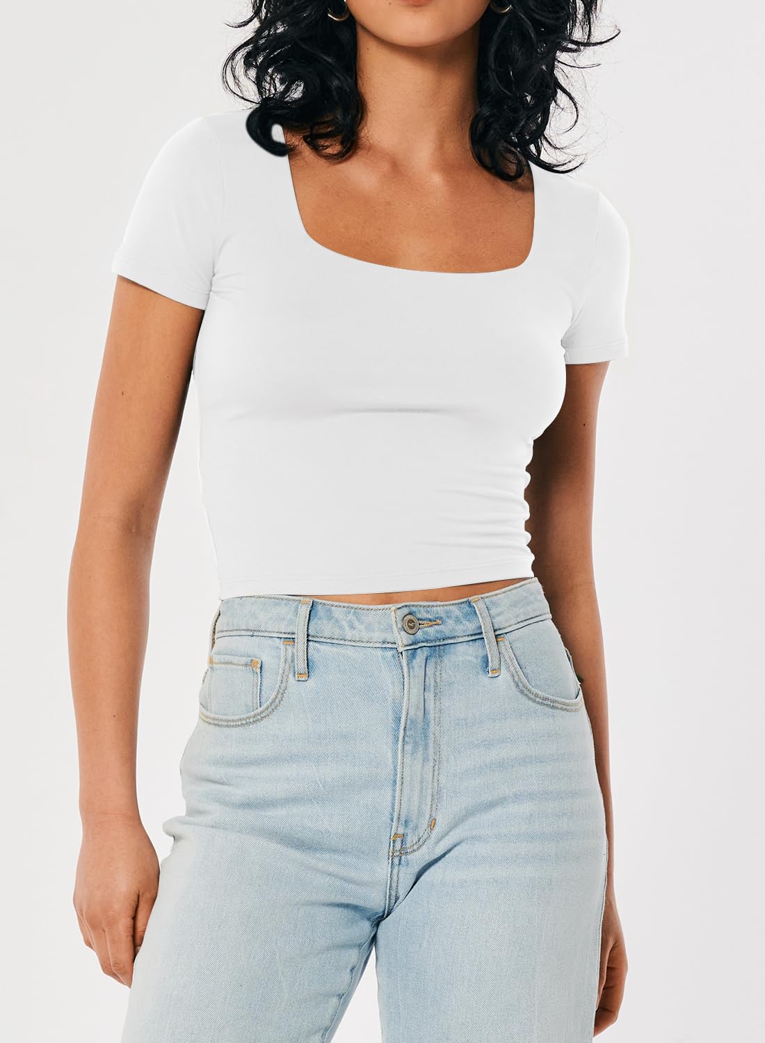 Women's Square Neck Short Sleeve Crop Top - Double Layer Tight Fit Basic Tee Shirt for Summer, Workout, Casual Wear & Street Fashion