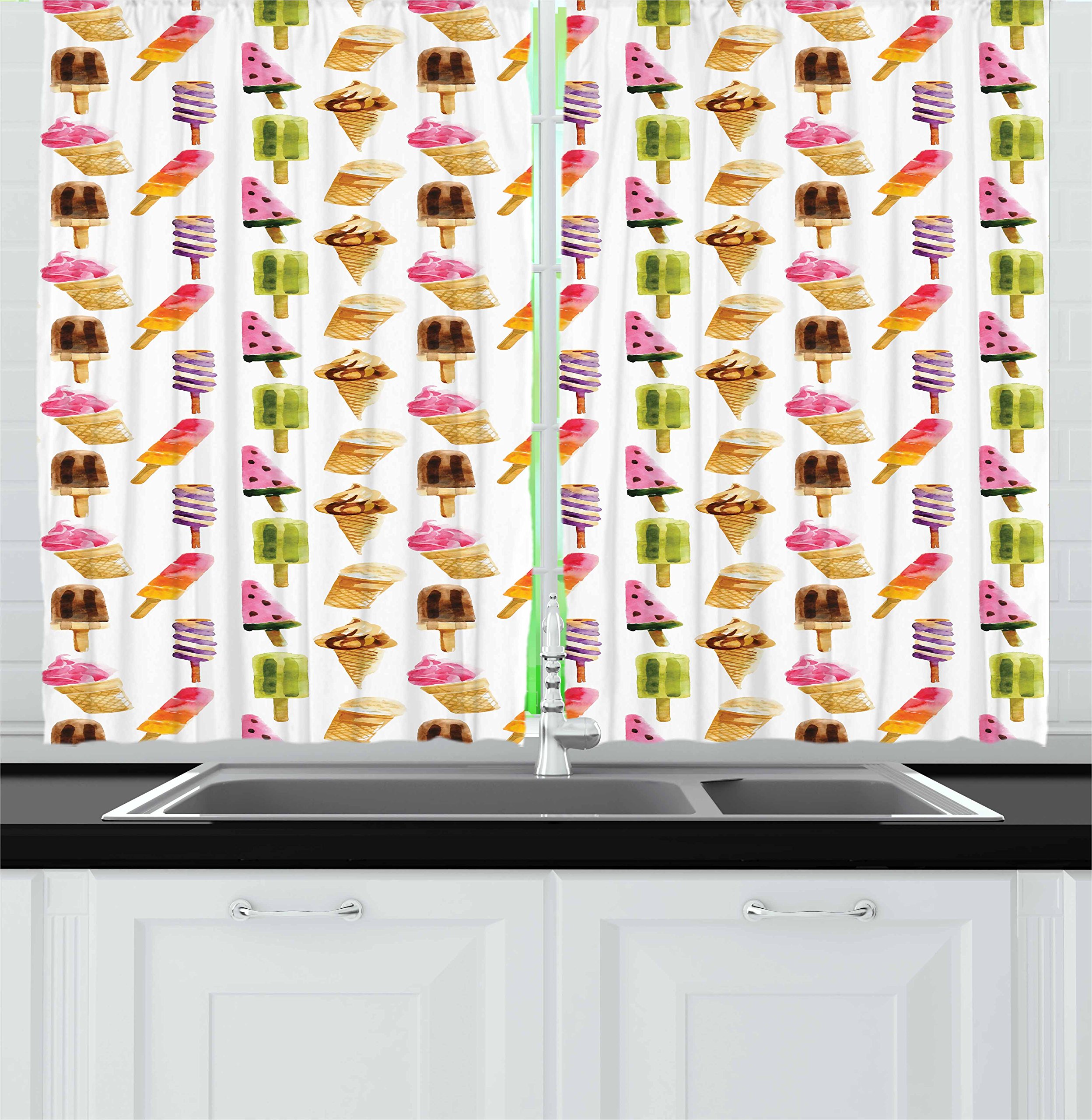 Ambesonne Ice Cream Themed Kitchen Curtains - Watercolor Chocolate & Dessert Print Window Drapes, 2 Panel Set 55