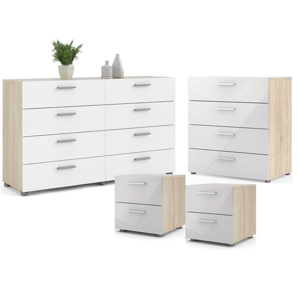 Modern 4-Piece Oak & White Gloss Bedroom Set with Nightstands, Dresser & Chest | Space-Saving Storage Solution for Small Bedrooms & Apartments