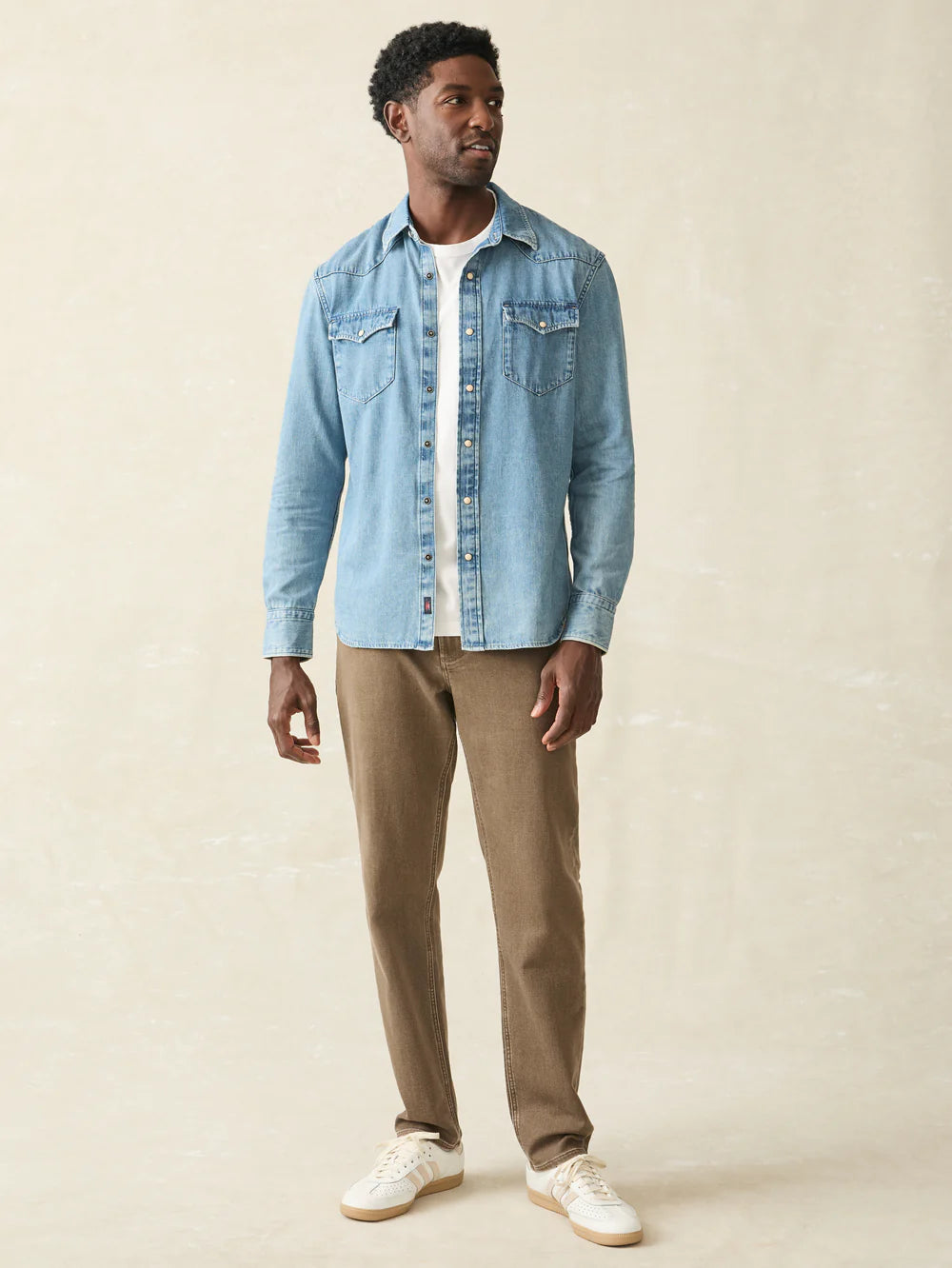 FAHERTY Faded Indigo Western Shirt for Men - Vintage Denim Cowboy Shirt with Pearl Snap Buttons - Perfect for Rodeo, Country Music Festivals & Casual Wear