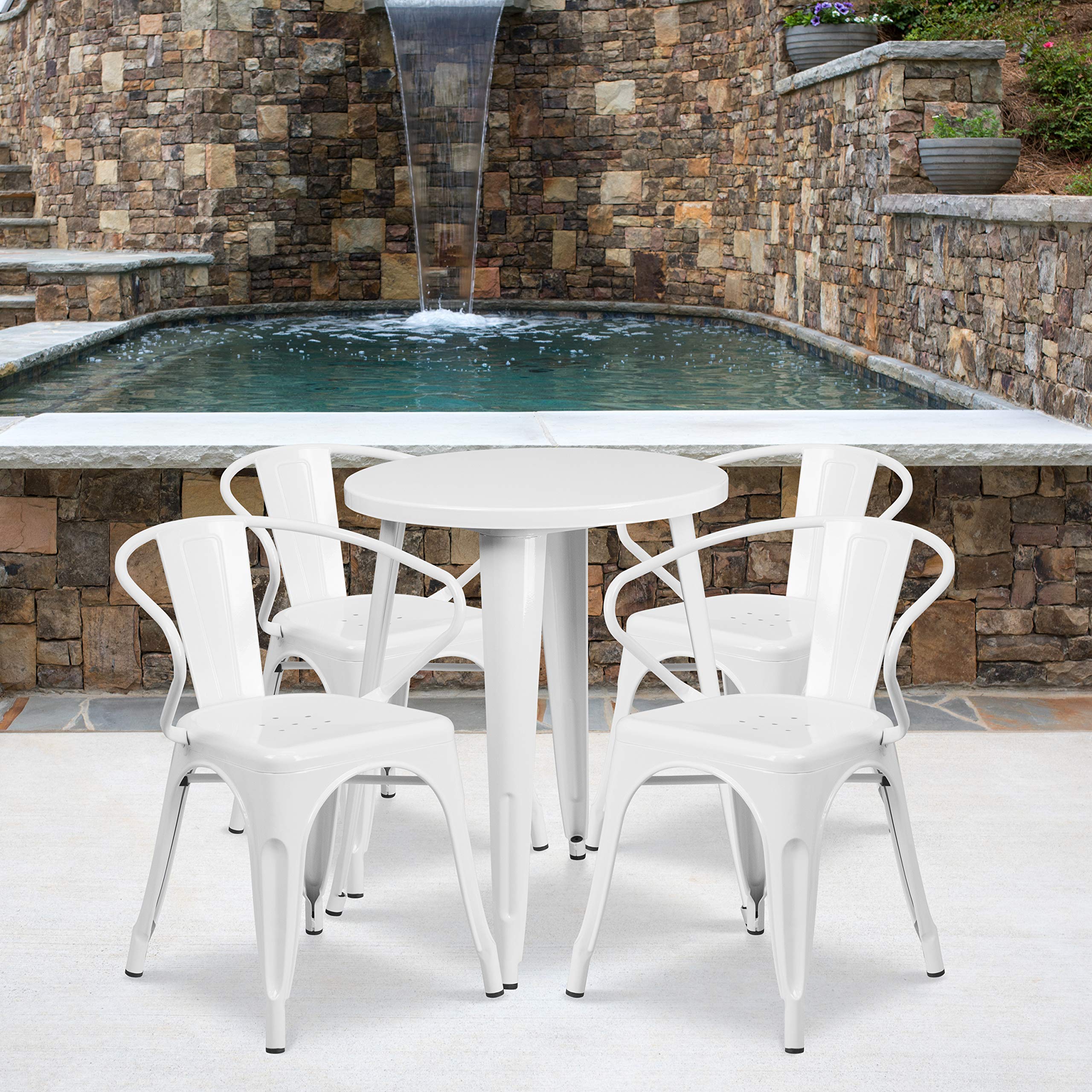 EMMA + OLIVER 24 Inch Round White Metal Dining Table Set with 4 Arm Chairs for Indoor and Outdoor Use - Perfect for Patio, Garden, Restaurant or Cafe Dining