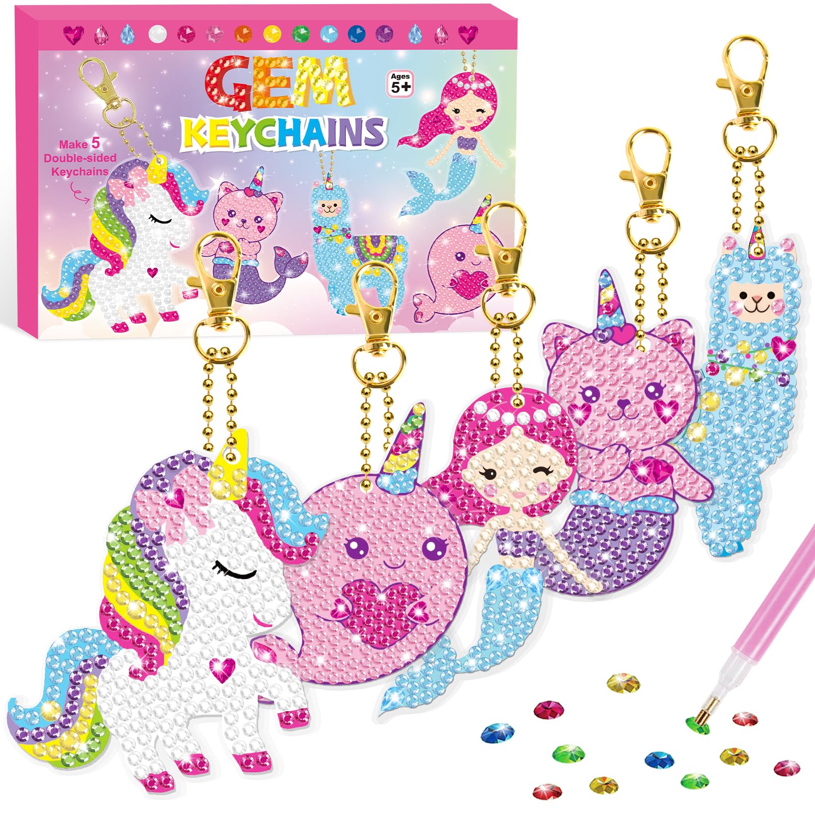 BANBBUR 5PCS Double Sided Diamond Art Keychains for Kids Ages 4-12, 5D Gem Art Craft Kits - Perfect for Girls Birthday Gifts, DIY Jewelry Making & Creative Arts and Crafts Activities