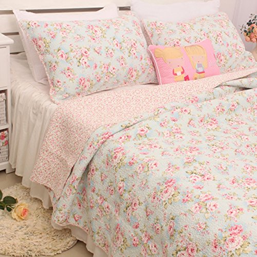 3-Piece Country Cottage Floral Cotton Bedspread Set - Light Blue Patchwork Quilt Coverlet for Full Size Bed | Farmhouse Bedroom Decor & Guest Room Essentials