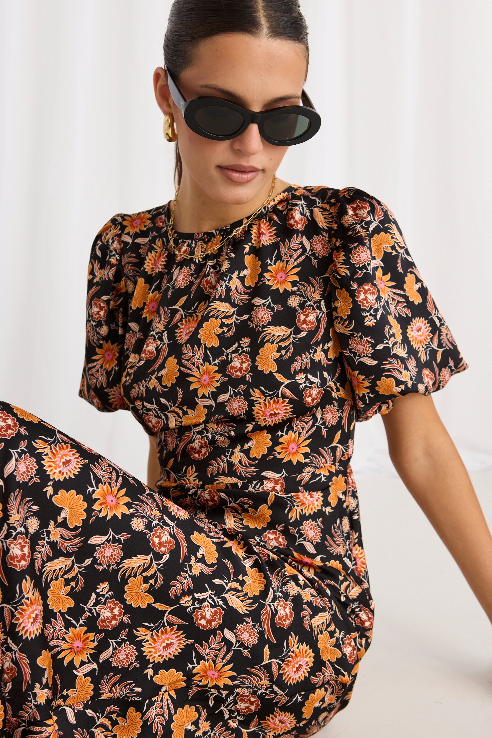 Astrid Black Floral Satin Puff Sleeve Bias Maxi Dress | Elegant Evening Gown for Women | Perfect for Weddings, Parties & Special Occasions