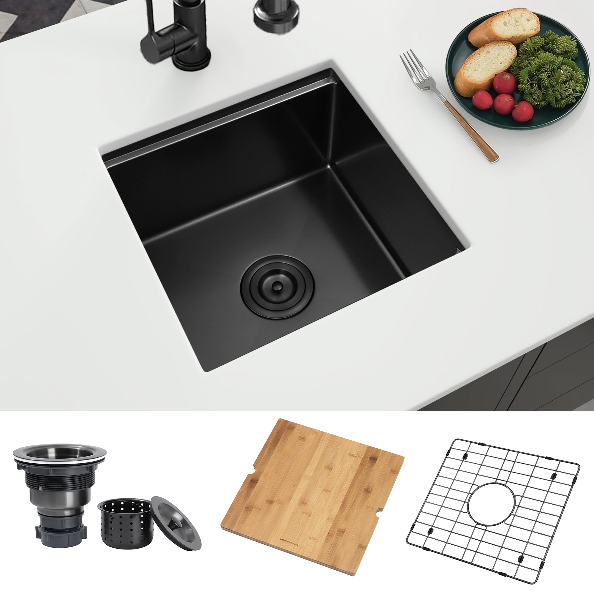17 Inch Black Undermount Bar Sink - Stainless Steel Small RV Sink with Accessories for Kitchen, Workstation & Camper Use