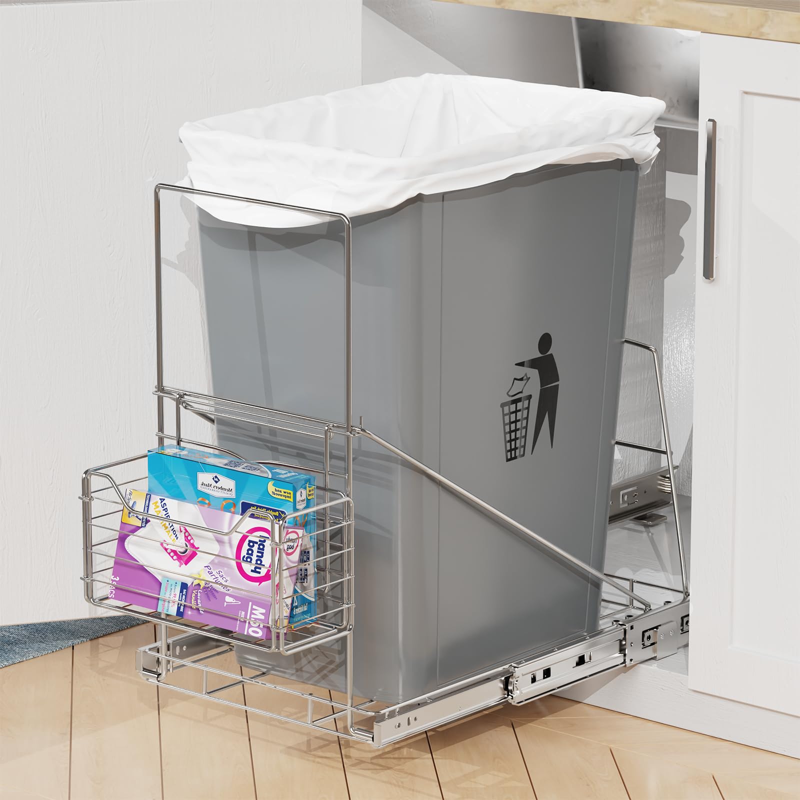Under Sink Pull Out Trash Can Shelf - Adjustable & Space Saving Cabinet Organizer for 7-11 Gallon Bins with Removable Front Basket (Trash Can Not Included) | Perfect Kitchen Storage Solution for Small Spaces