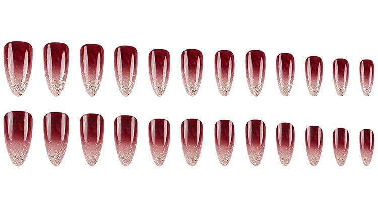 24 PCS Medium Almond Press on Nails - Wine Red Gradient Glossy Fake Nails with Full Cover Design | Reusable Glue on Artificial Nails for Women | Perfect for Parties, Weddings & Daily Wear