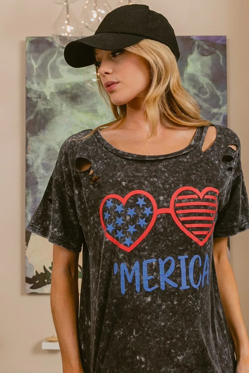 BiBi 4th of July Patriotic Women's Distressed Laser Cut Top - Perfect for Independence Day Parties, BBQ Gatherings & Summer Festivals