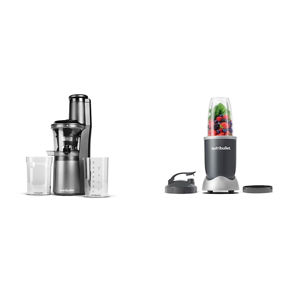 Nutribullet Slow Juicer & Blender Combo - 600W Masticating Juicer Machine with 24oz Container for Cold Press Juicing, Smoothies, Shakes & Food Prep - Charcoal Black & Gray (Model NBJ50300) - Perfect for Healthy Drinks, Baby Food & Meal Prep at Home