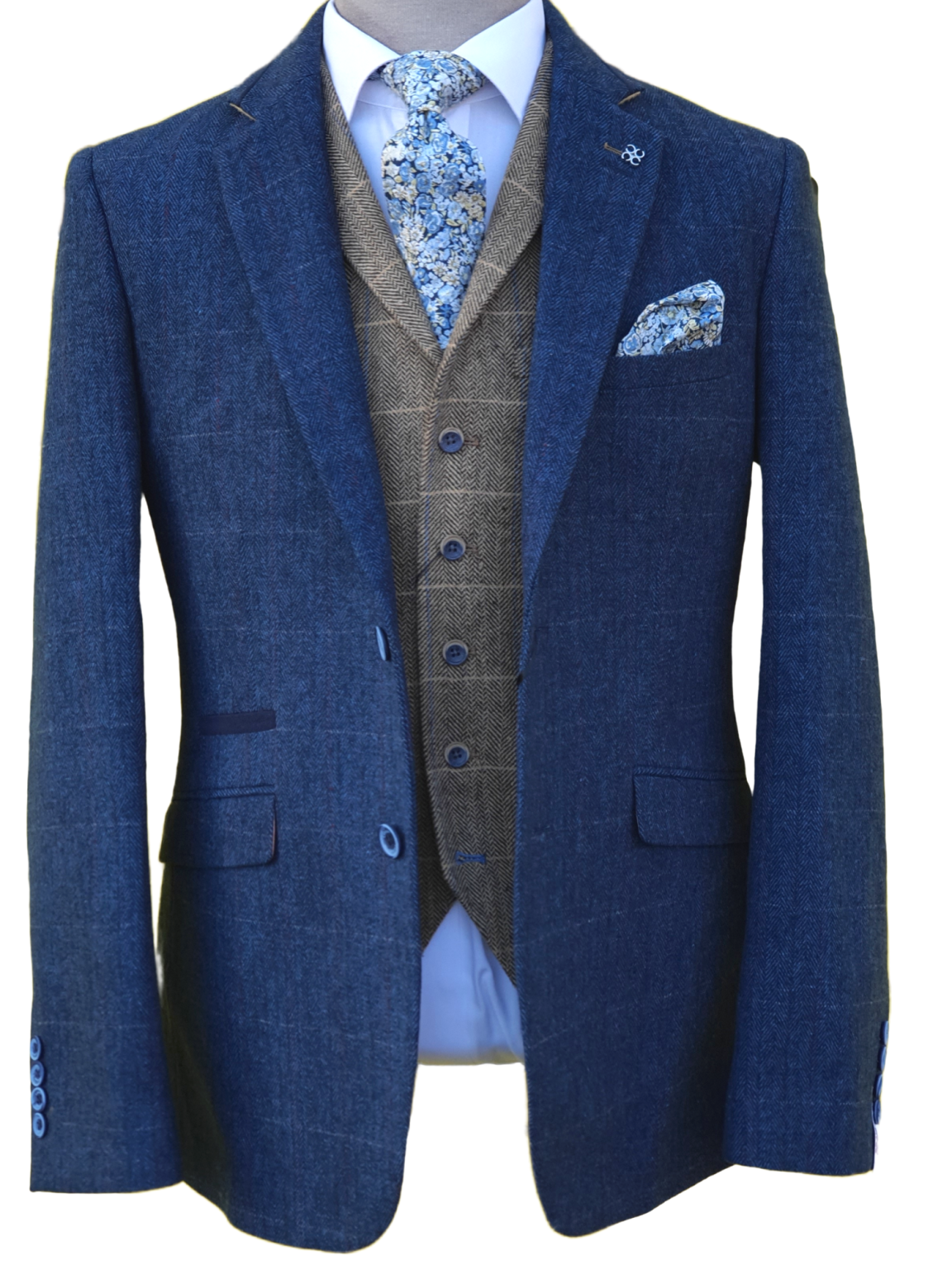 Blue Tweed Suit with Brown Waistcoat for Men | Cavani Carnegi Formal Business Attire | Perfect for Weddings, Office & Special Occasions