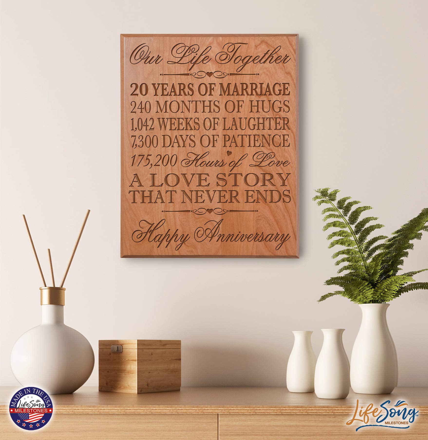 LifeSong Milestones 20th Wedding Anniversary Plaque - Solid Cherry Wood Wall Decor (12