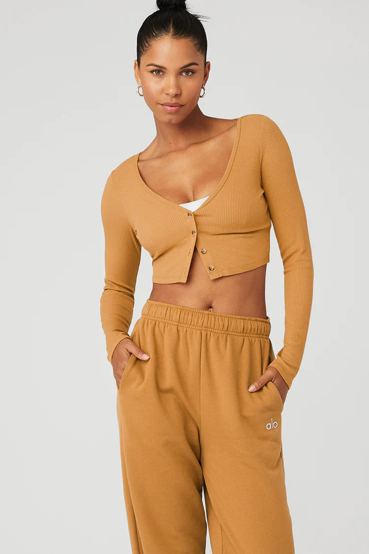 Alo Yoga Women's Whisper Ribbed Cropped Cardigan Sweater - Soft Stretch Knit Toffee Brown Cardigan for Yoga, Lounge & Layering