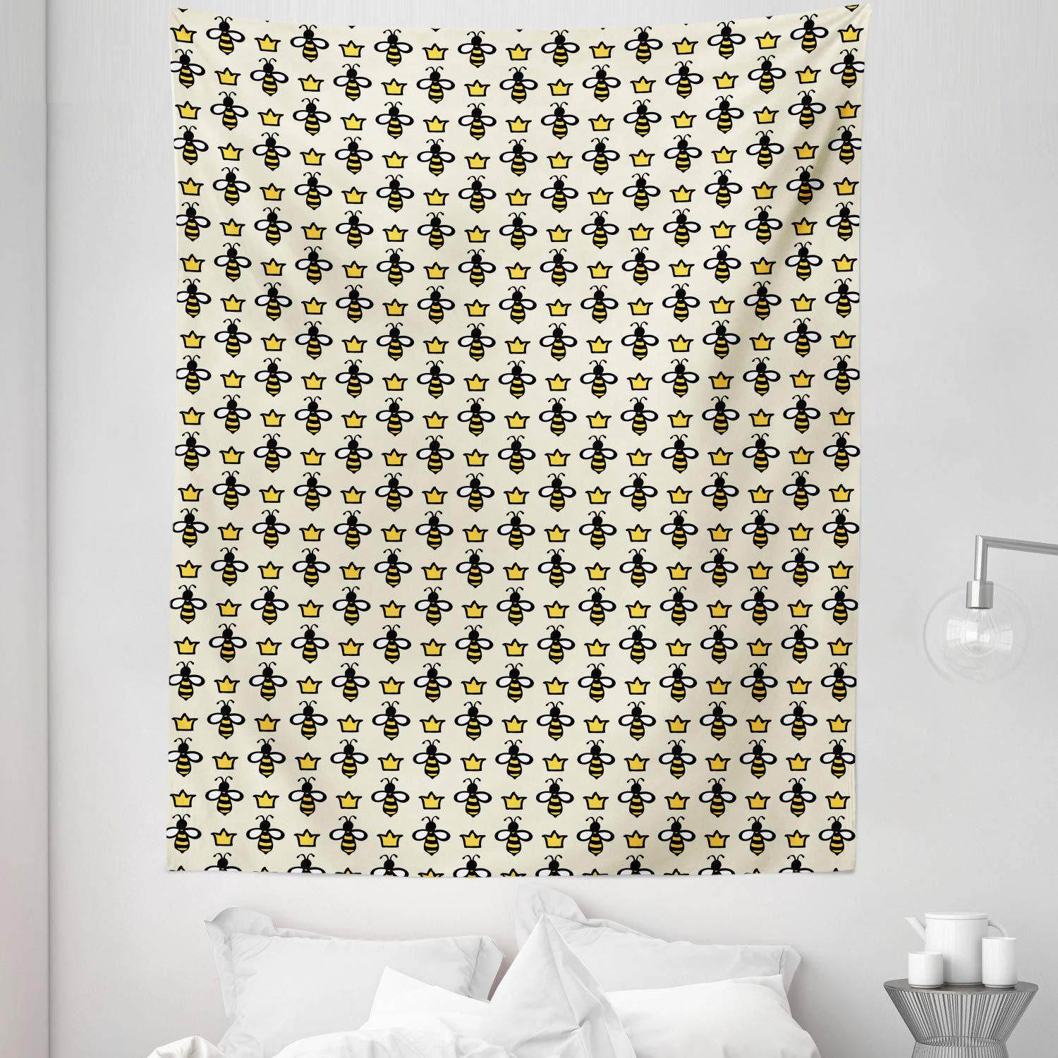 Ambesonne Queen Bee Tapestry - Hand-Drawn Cartoon Bees & Crowns Design, Twin Size Wall Hanging (68x88 Inches) - Eggshell Mustard Bedspread, Bed Cover & Wall Decor for Bohemian & Kids Room Decor
