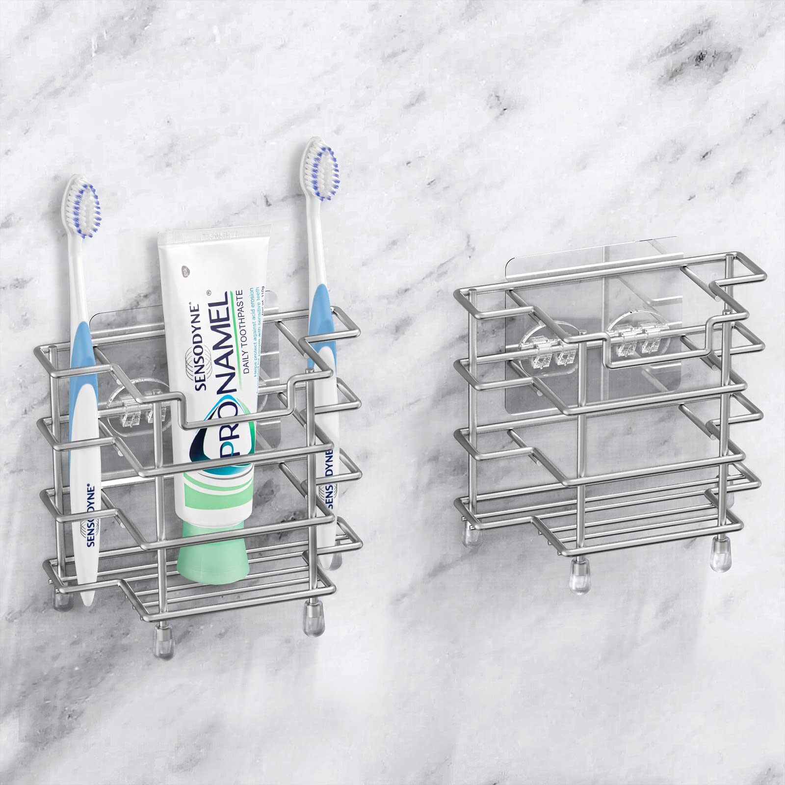 2 Pack Stainless Steel Wall Mounted Toothbrush Holder with 3 Slots - Brushed Nickel Bathroom Organizer for Electric Toothbrushes & Toothpaste - Space Saving Solution for Showers, Countertops & Small Bathrooms - Perfect for Modern Homes, Apartments, Dorm Rooms & Travel Use