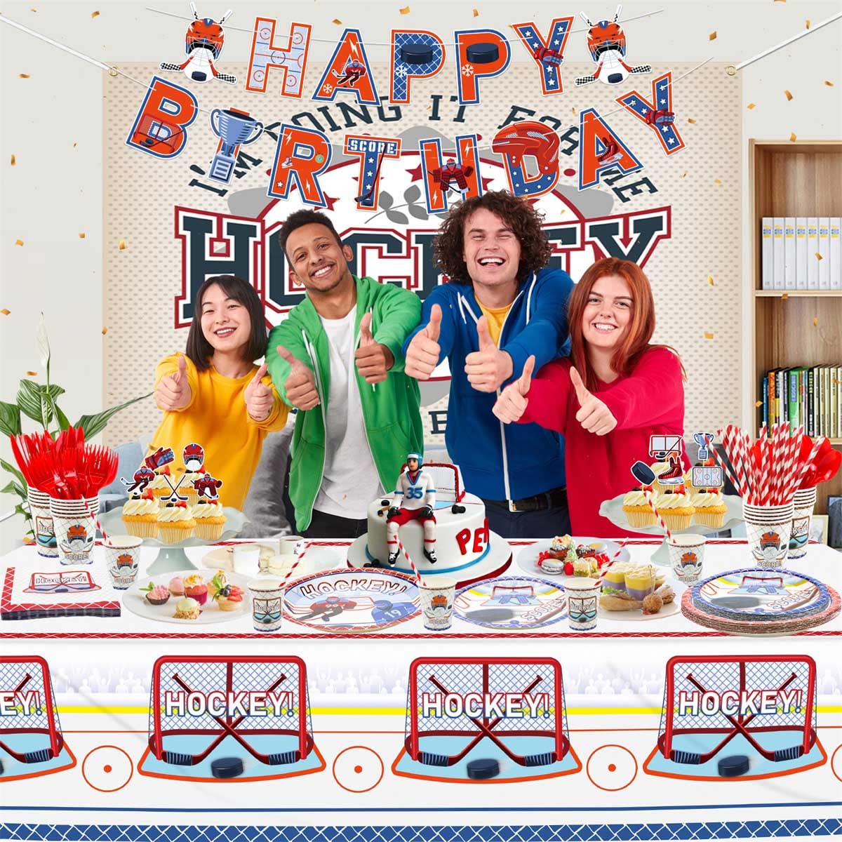 Hockey Party Supplies 61 Pcs - Plates, Napkins, Tablecloth Set for Kids Birthday & Game Day Celebration - Serves 20 Guests - Perfect for Hockey Themed Parties, Sports Events & Fan Gatherings