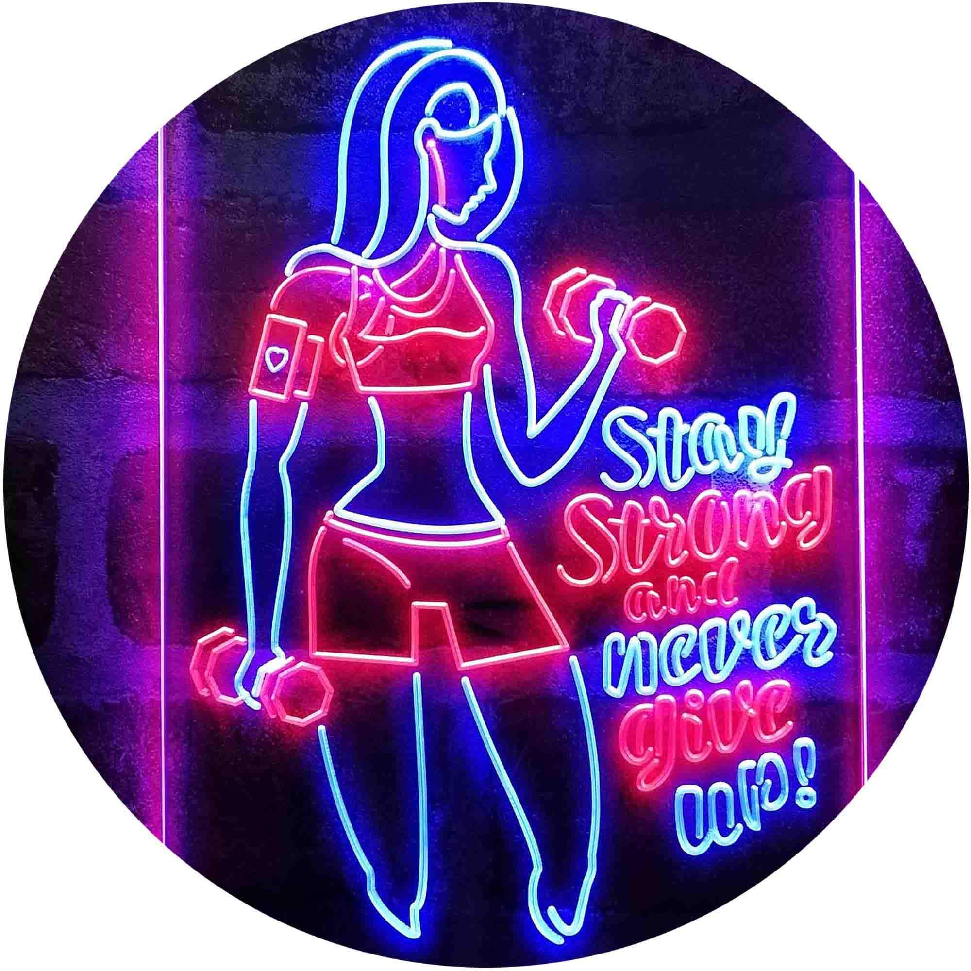 ADVPRO Dual Color LED Neon Sign - Blue & Red 16x24 Inches Gym Wall Decor, Motivational 'Stay Strong Never Give Up' Fitness Club Sign - Perfect for Home Gym, CrossFit Studio & Fitness Center Lighting