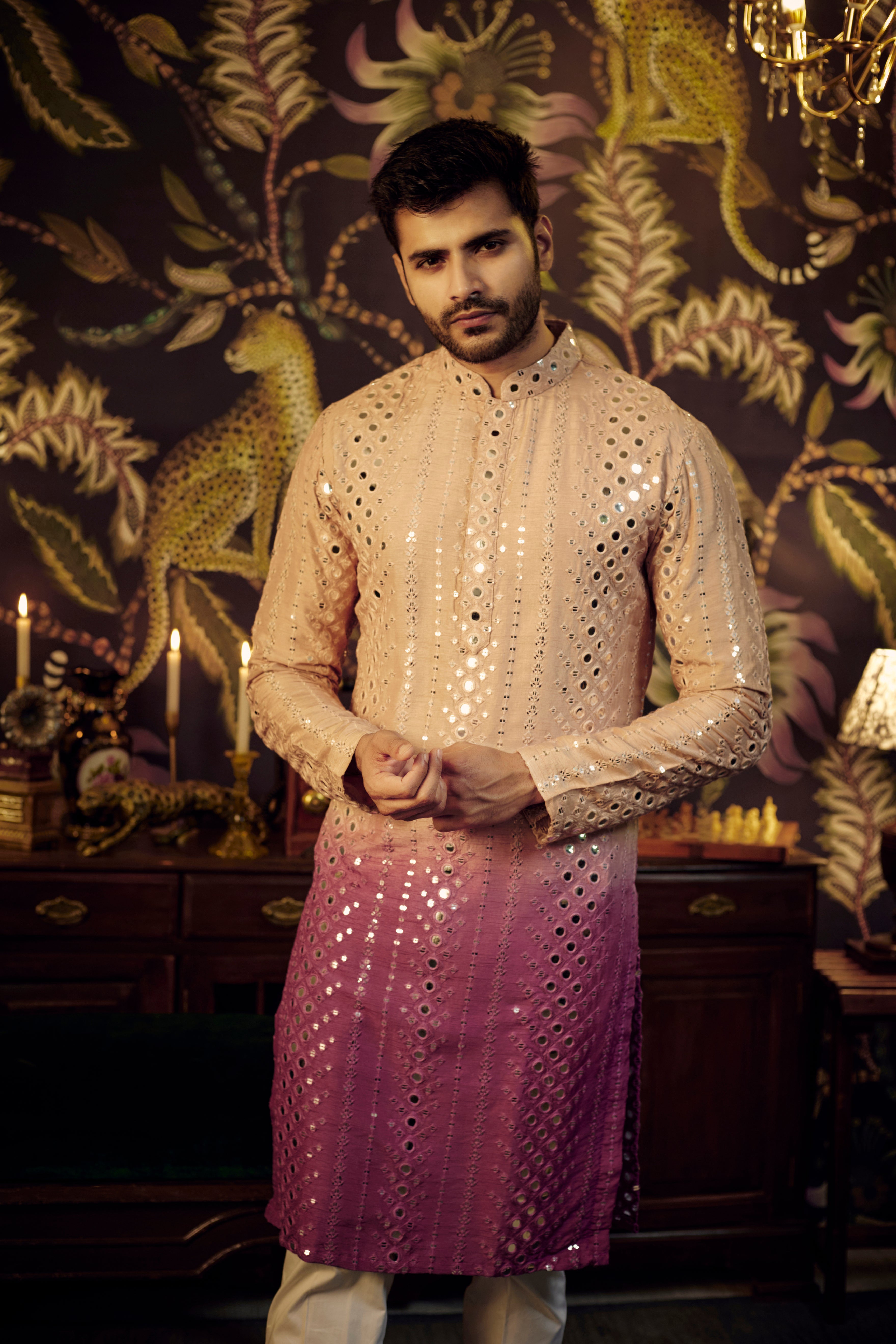 Elegant Nude Sage Mauve Ombre Mirror Work Kurta - Indian Embroidered Tunic Top for Women | Perfect for Festivals, Weddings & Ethnic Parties