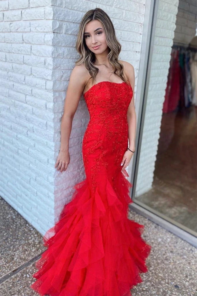 Elegant Long Red Mermaid Prom Dress with Lace Detailing - Strapless Formal Gown for 2025 Homecoming, Evening Gala & Special Occasions