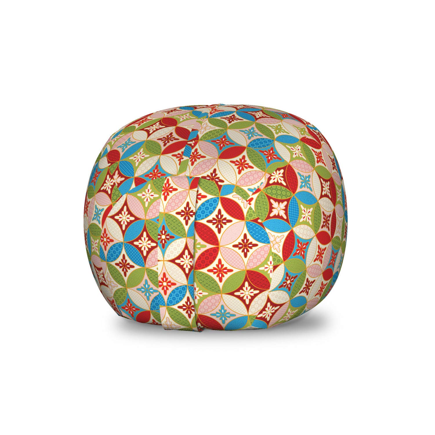 Ambesonne Geometric Storage Toy Bag Chair - Japanese Interlocking Circles & Floral Pattern, Washable Stuffed Animal Organizer for Kids Room, Small Multicolor Ottoman - Perfect for Nursery, Playroom & Bedroom Organization
