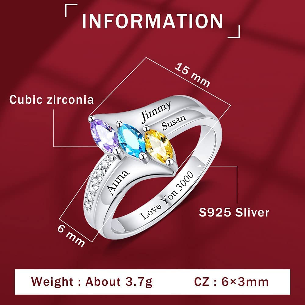 **Personalized Mother's Day Rings - Custom Name & 3 Birthstone Jewelry for Mom, Grandma, Daughter & BFF - Unique Friendship & Family Gifts for Birthdays, Anniversaries & Special Occasions**
