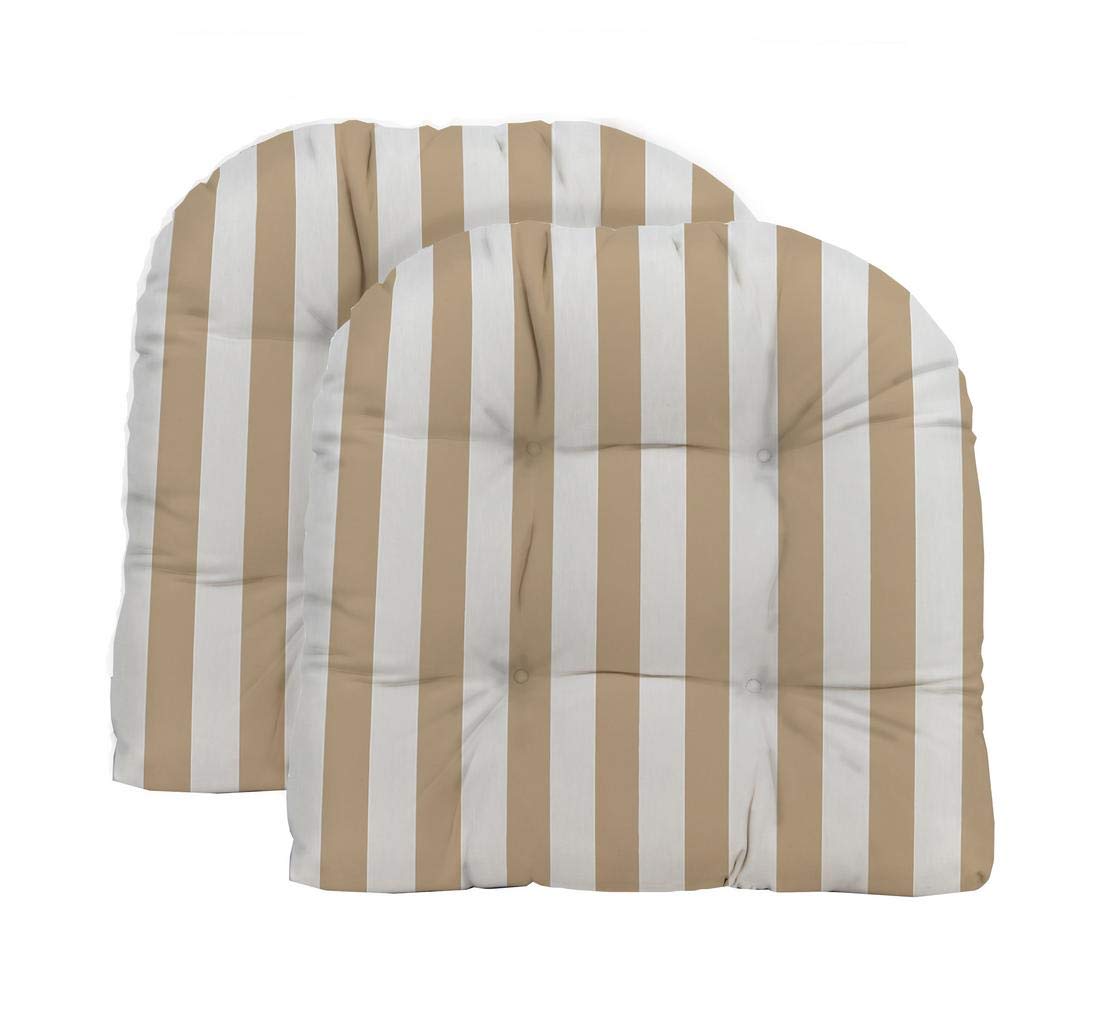 RSH Décor Large Tufted Wicker U-Shape Chair Cushion - Indoor/Outdoor Use - Tan & White Cabana Stripe - Choose Size & Color - Perfect for Porch, Patio, Deck, Sunroom & Garden Furniture