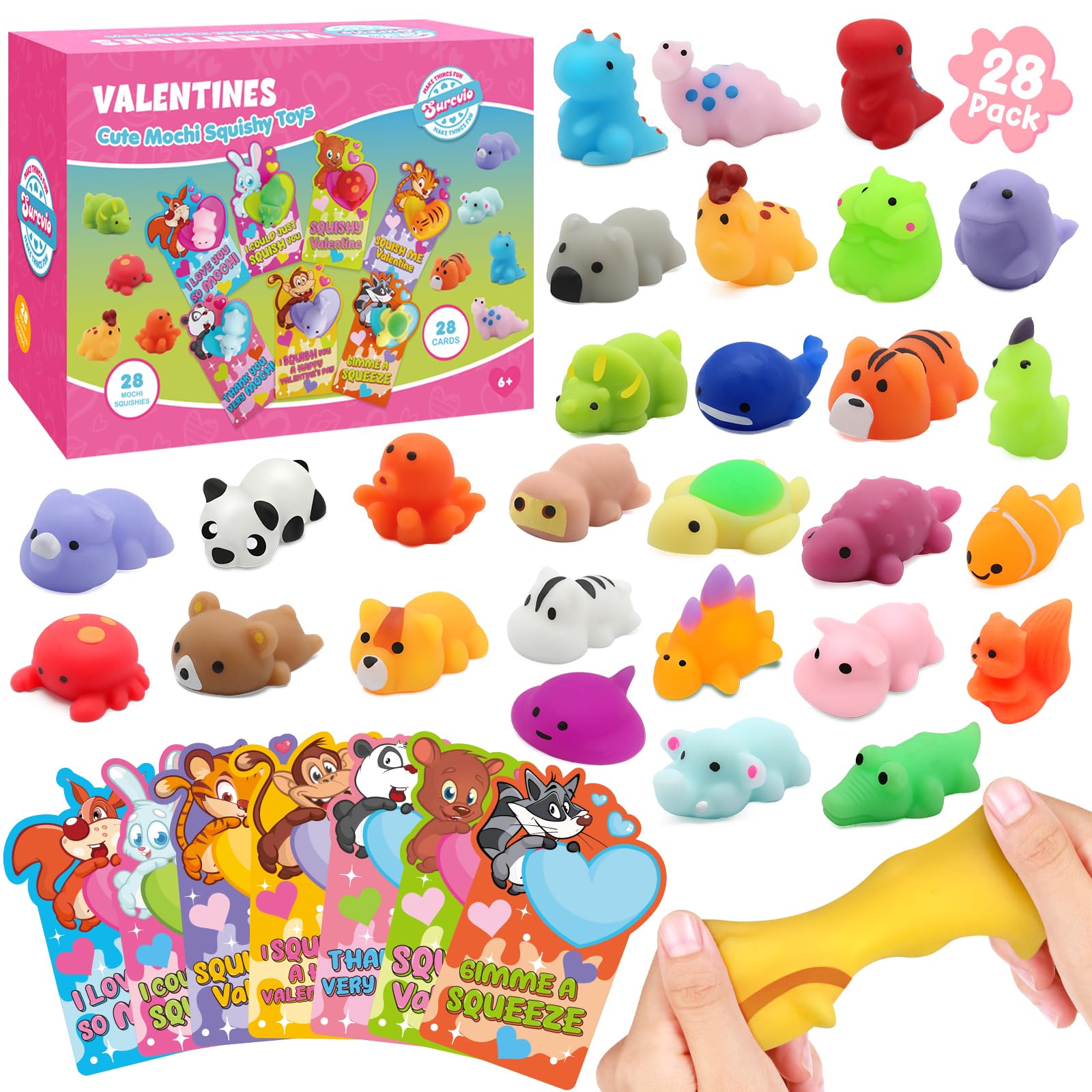28 Pack Kids Valentine Gifts - Mochi Squishies with Cards for Party Favors, Stress Relief & Classroom Prizes
