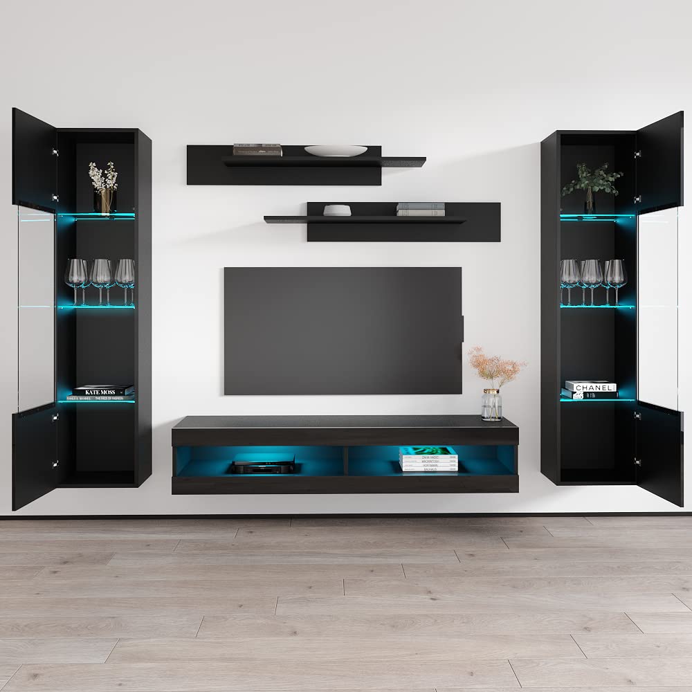 Modern Wall-Mounted TV Stand with Storage Shelves & LED Lights - Slim Entertainment Center Console for Bedroom & Living Room - Space-Saving TV Cabinet with Adjustable Shelves - Perfect for Home Theater Setup & Small Spaces (Black)