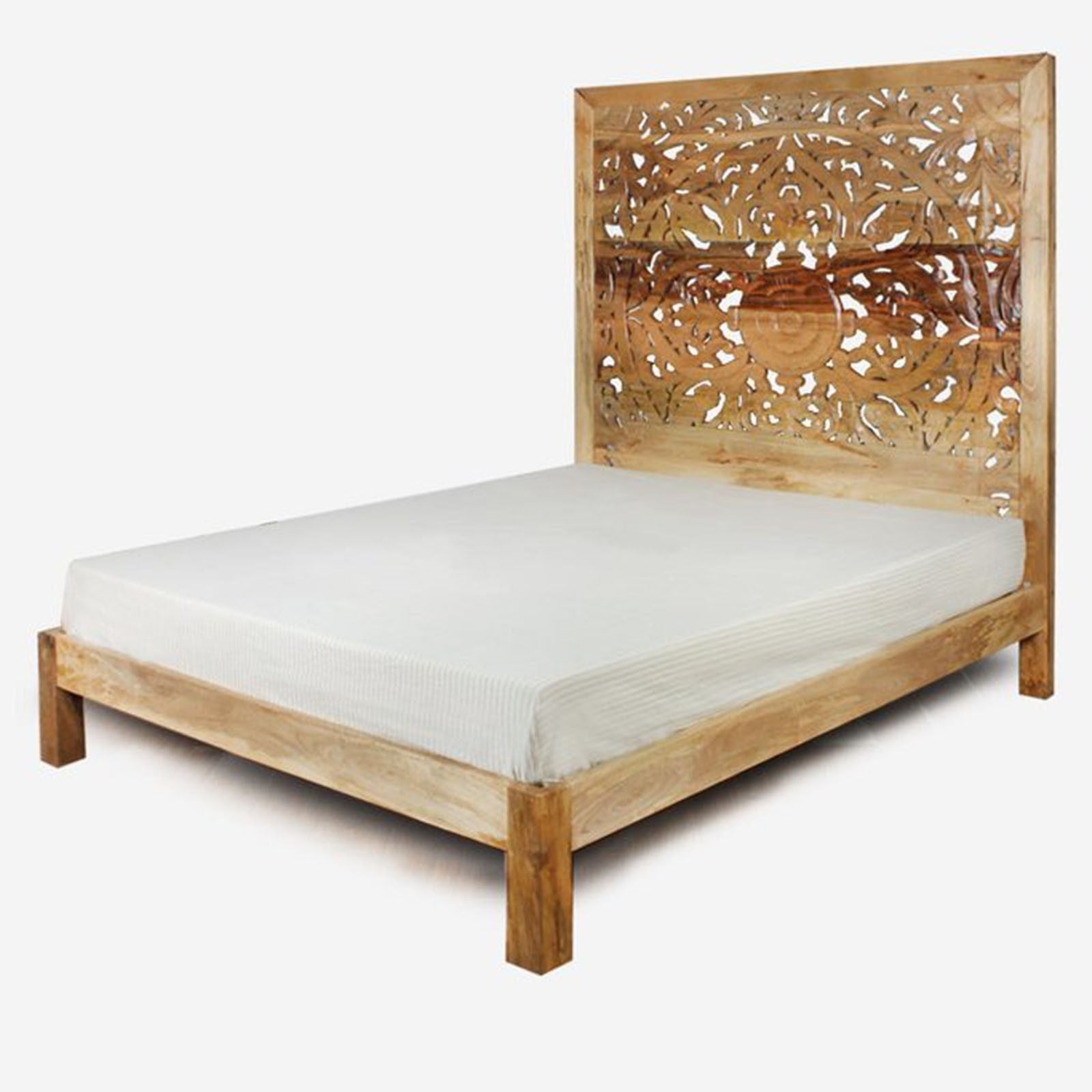 Hand Carved Solid Wood Indian Bed Frame - Queen Size, Natural Finish | Perfect for Master Bedroom, Guest Room & Boho Chic Home Decor