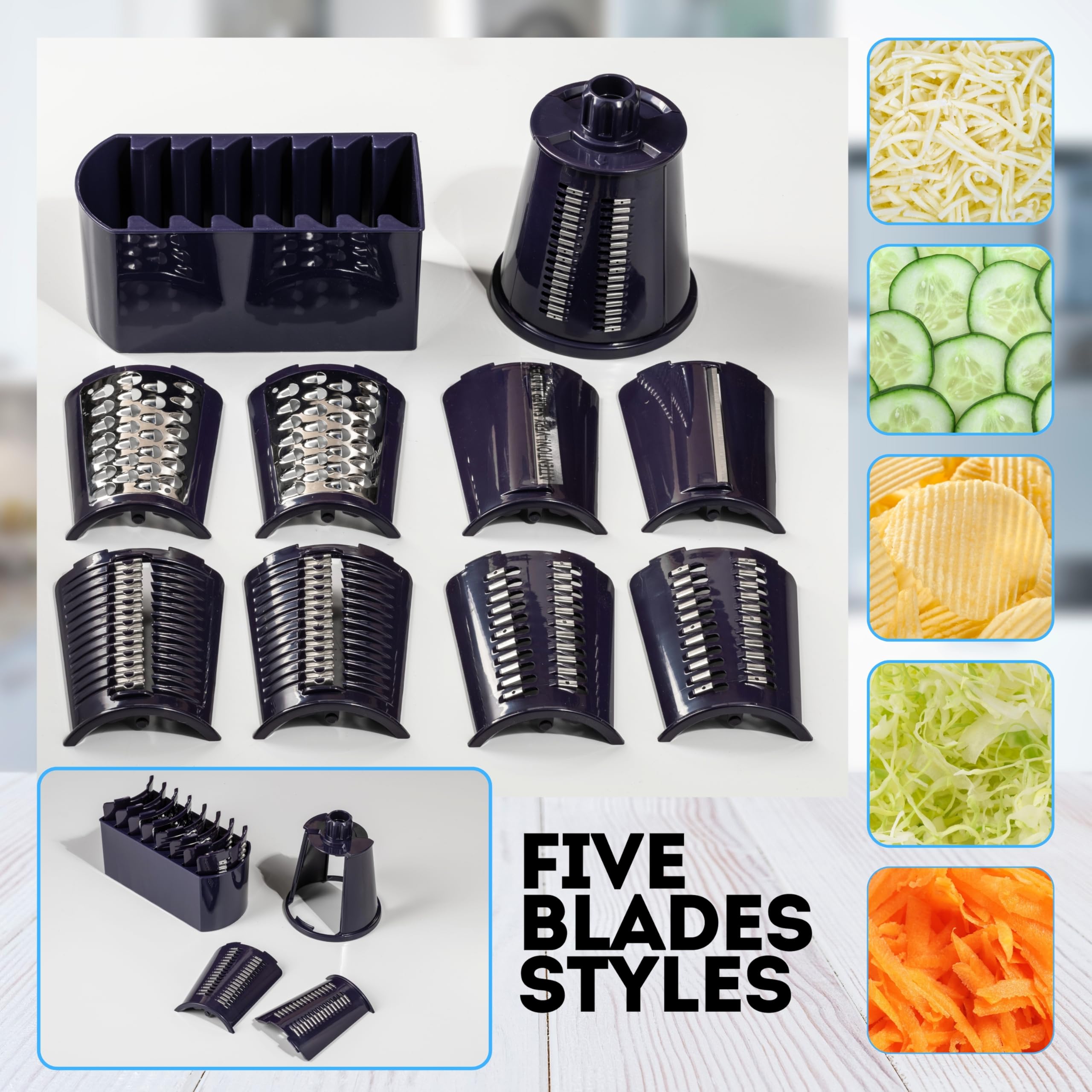 5-in-1 Rotary Cheese Grater with Handle – Stainless Steel Blades for Vegetables, Nuts & More | Multi-Functional Kitchen Tool for Grating, Slicing & Shredding | Easy to Clean & Dishwasher Safe (Purple) | Perfect for Salads, Pasta, Baking & Meal Prep