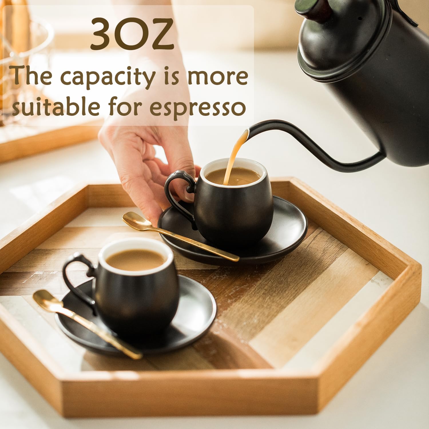LYEOBOH 6-Piece Ceramic Espresso Cups and Saucers Set with Spoons & Metal Stand - 3oz Small Demitasse Coffee Mugs for Cappuccino, Latte, Tea - Perfect for Home Cafes, Coffee Shops & Gifts (Black)