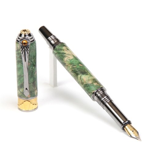 Lanier Art Deco Fountain Pen - Black Titanium & 22kt Gold Trim with Green Maple Burl Wood - Luxury Writing Instrument for Calligraphy, Business Signatures & Gift Giving