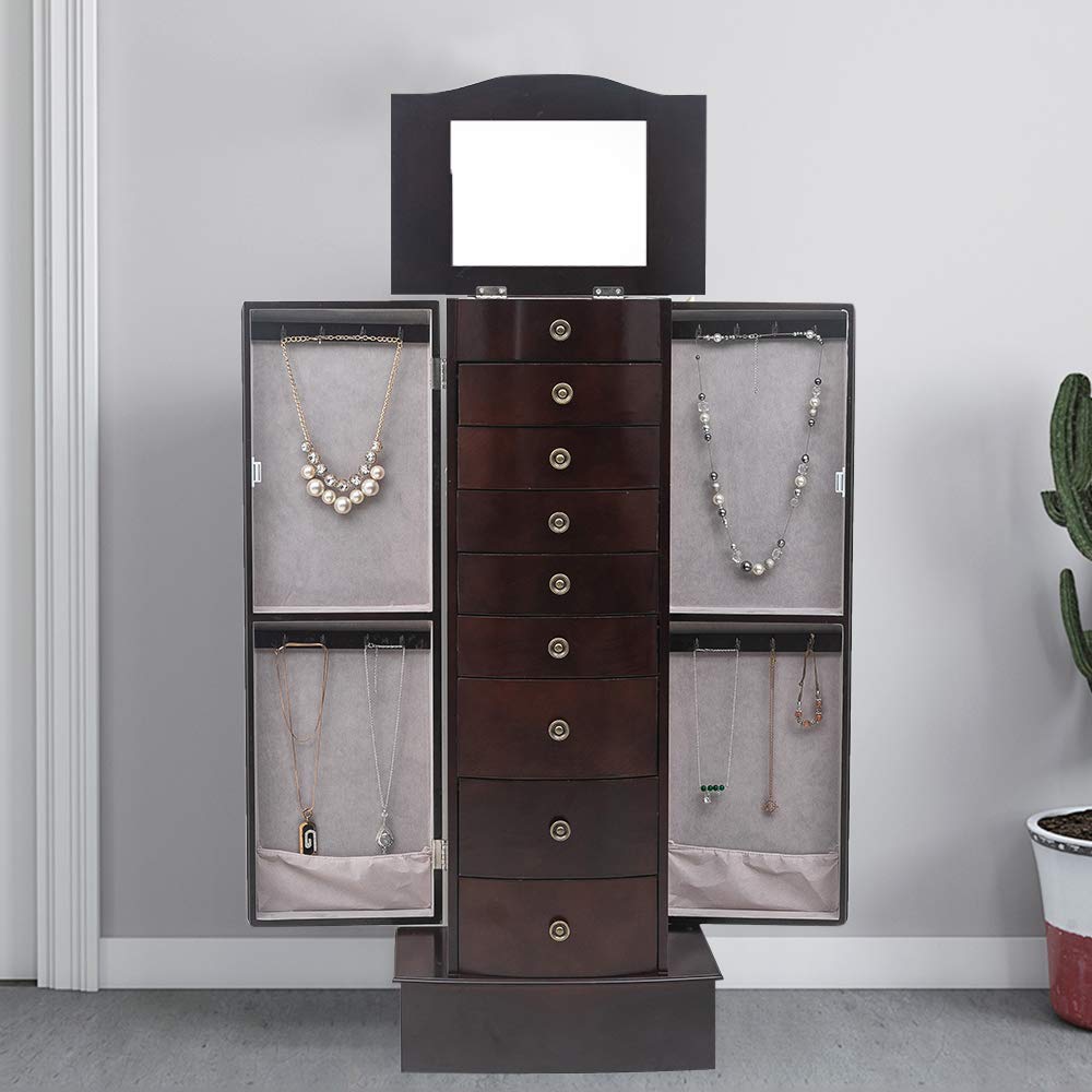 Wooden Jewelry Armoire Cabinet with 8 Drawers & Makeup Mirror - Free Standing Jewelry Organizer for Necklaces, Rings, Bracelets, Earrings & Cosmetics - Dark Brown Storage Chest for Bedroom, Closet & Dressing Room