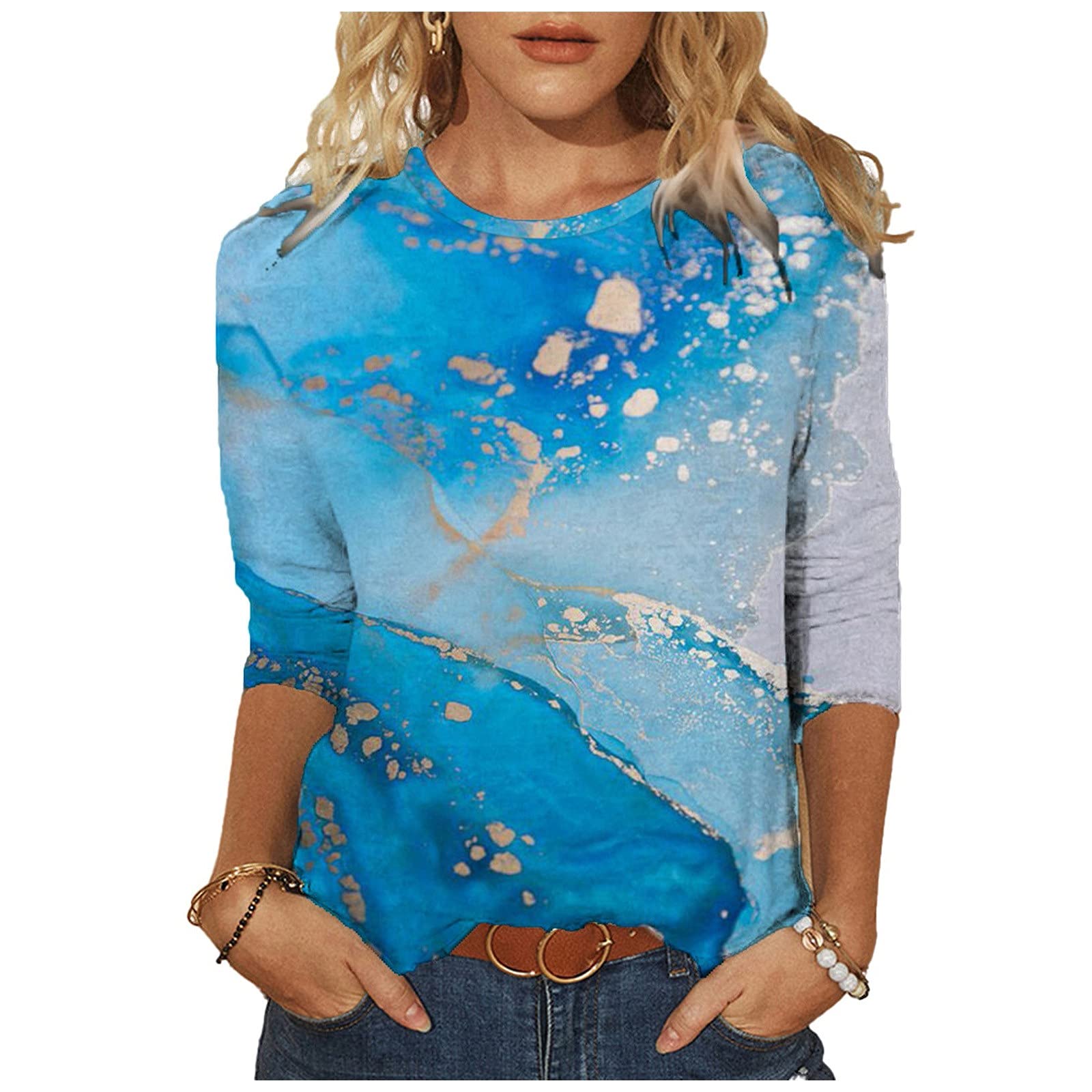Women's Floral Crewneck 3/4 Sleeve T-Shirt - Casual Summer Top for Outings