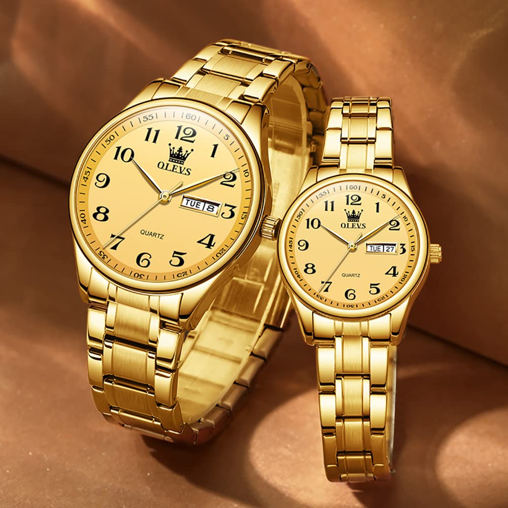 OLEVS Valentine's Day Couple Watches Set - His and Hers Stainless Steel Quartz Watches with Luminous Hands, Date Window & 3ATM Waterproof - Perfect Romantic Gift for Wedding, Anniversary & Special Occasions