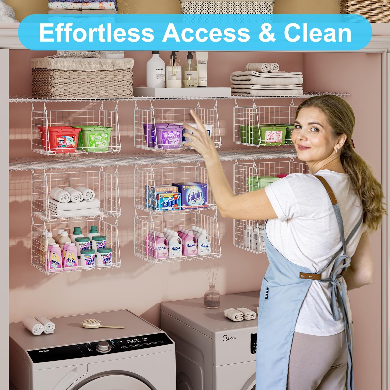 3-Tier Foldable Hanging Laundry Basket Organizer - Space Saving 360° Rotating Hooks for Washer & Dryer - White Wire Shelf Storage Solution for Clothes, Towels & Bedding - Perfect for Small Laundry Rooms & Apartments