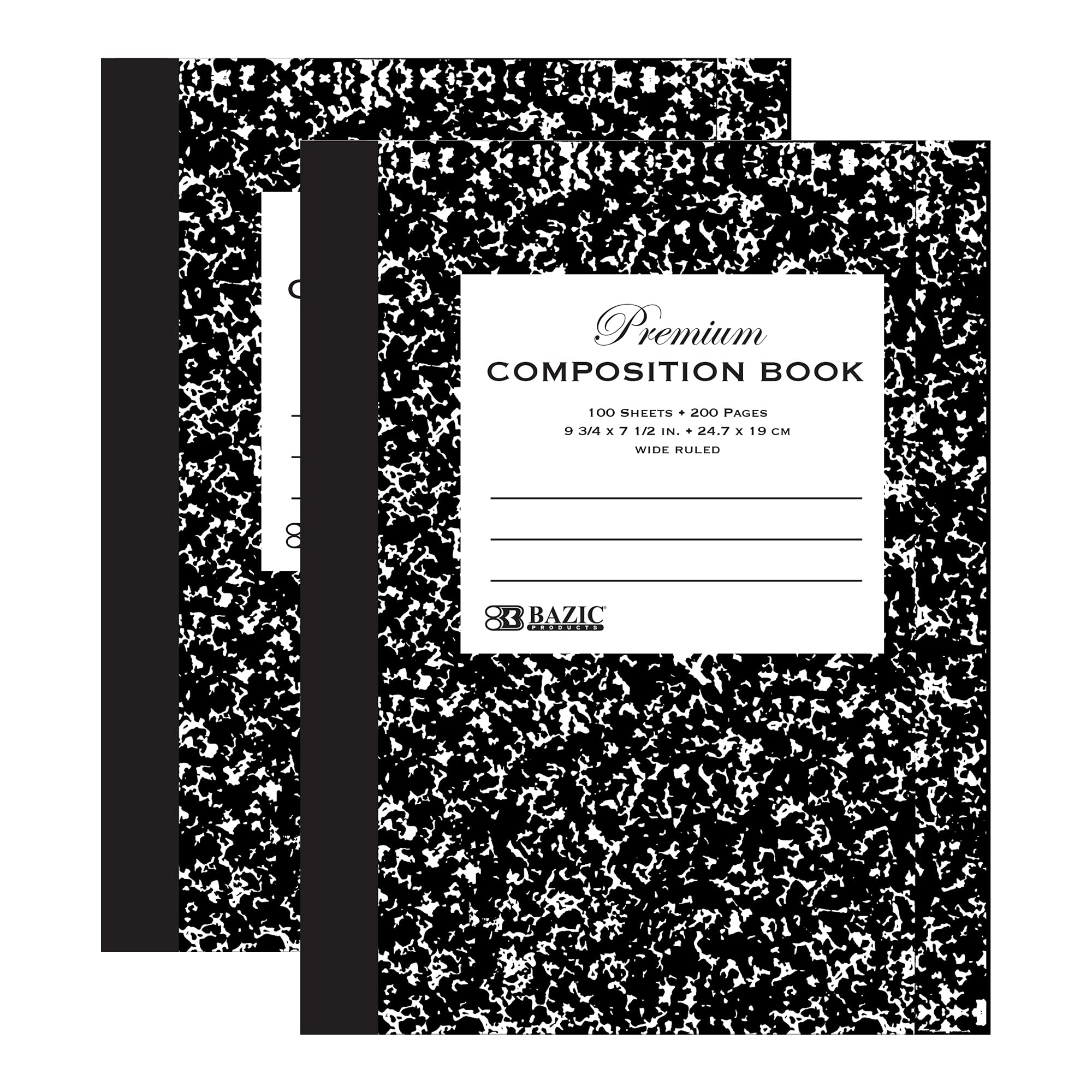 BAZIC 2-Pack Wide Ruled Composition Notebooks - 100 Sheets Each, Premium Black Marble Design for School, Office & College | Writing Journal, Note Taking, Homework Assignments & Study Notes | Durable Lined Paper Notebooks for Students & Professionals