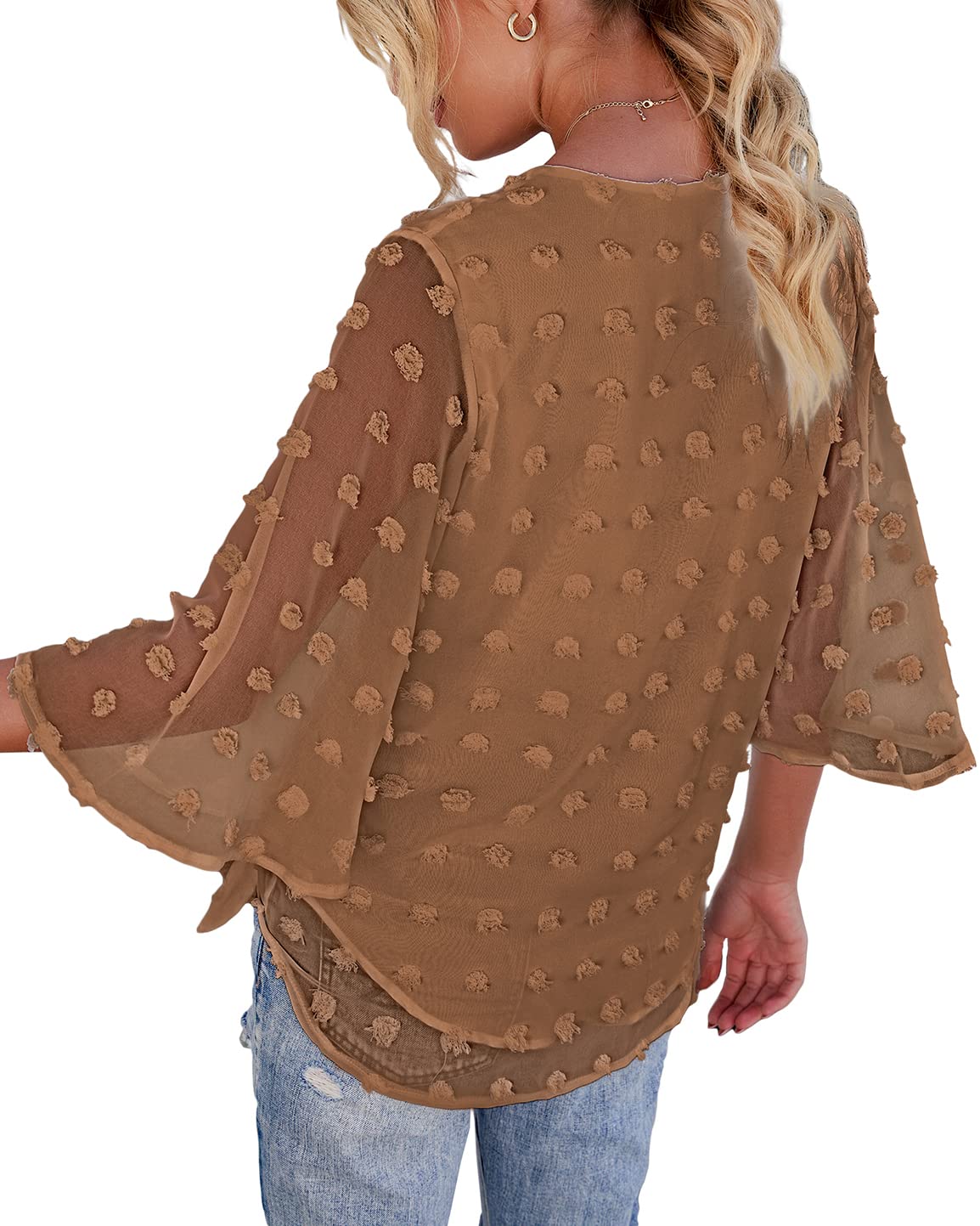 Luvamia Women's Blouses & Tops - Elegant Swiss Dot Button Down Shirt with 3/4 Bell Sleeves | Perfect for Office Wear, Date Nights & Special Occasions