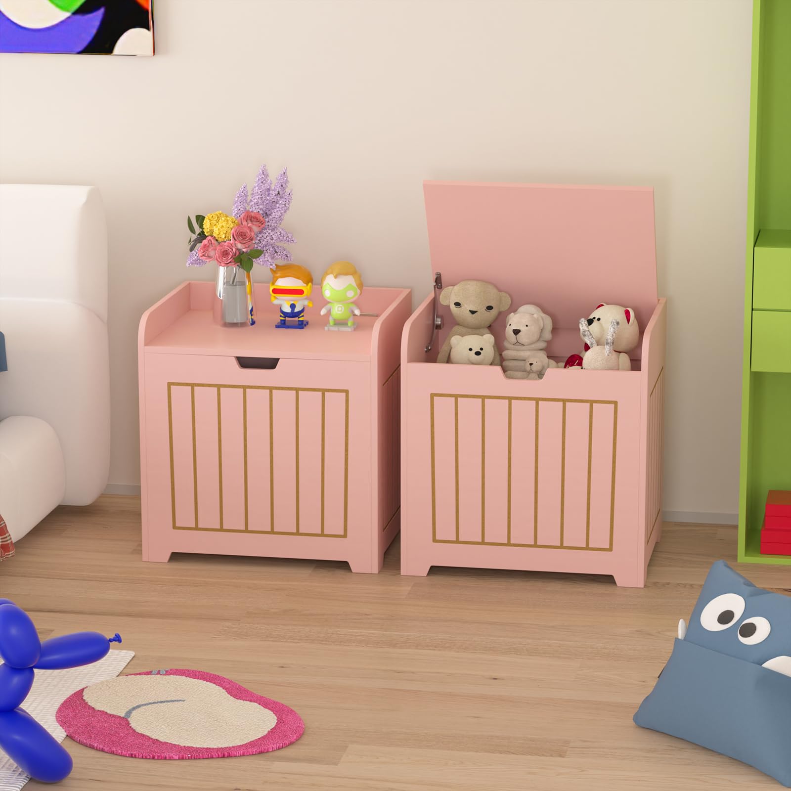Pink Wooden Kids Storage Chest - Small Cube Toy Organizer Box for Clothes, Toys & Plants - Entryway Storage Bin & Square Nightstand for Playroom, Bedroom, Nursery - Perfect for Home Organization & Kids Room Decor