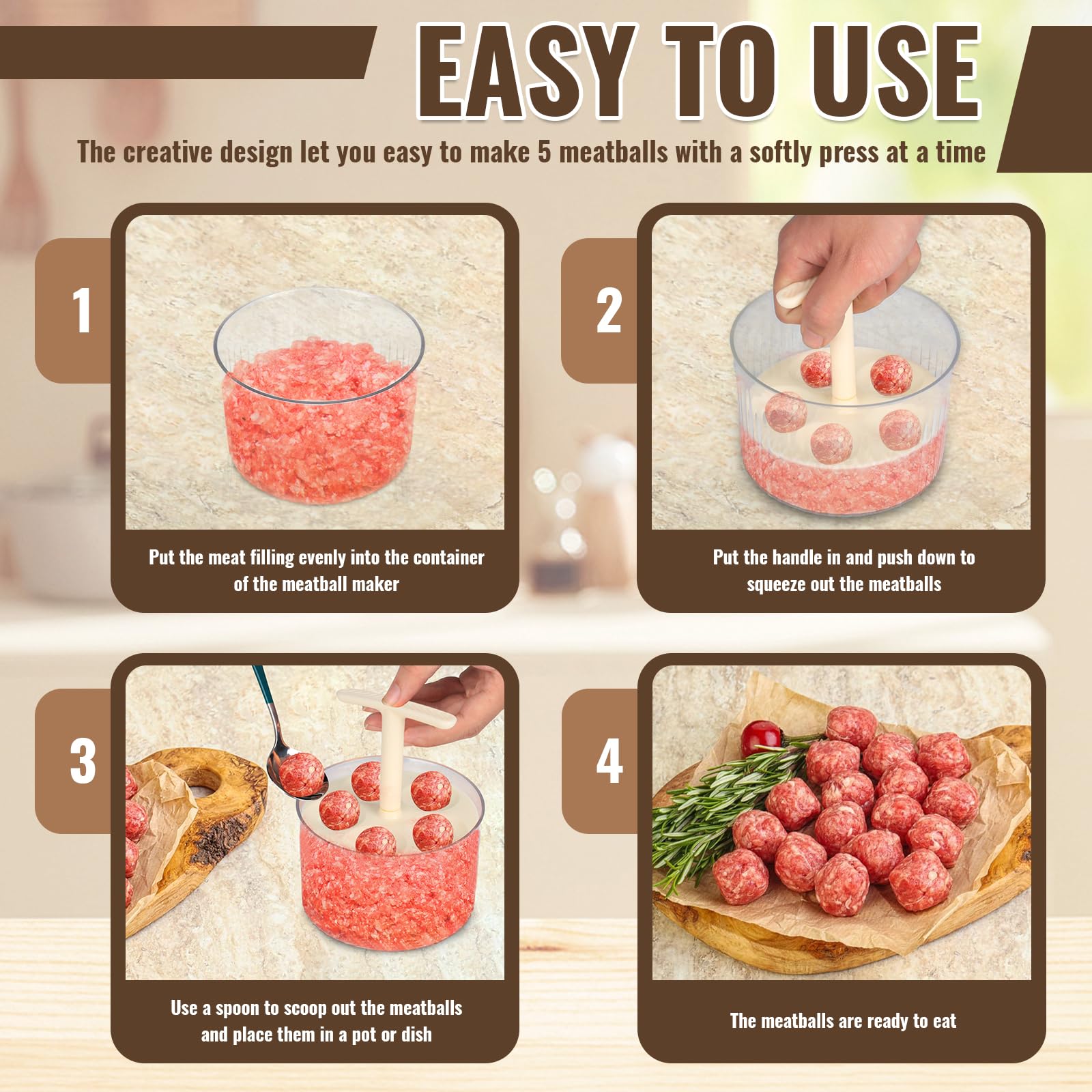 5-in-1 Meatball Maker Tool - Transparent Kitchen Gadget for Perfect Meatballs, Shrimp Balls & Veggie Balls | Durable Cooking Utensil for Home Chefs | Ideal for Meal Prep, Party Snacks & Family Dinners (White)