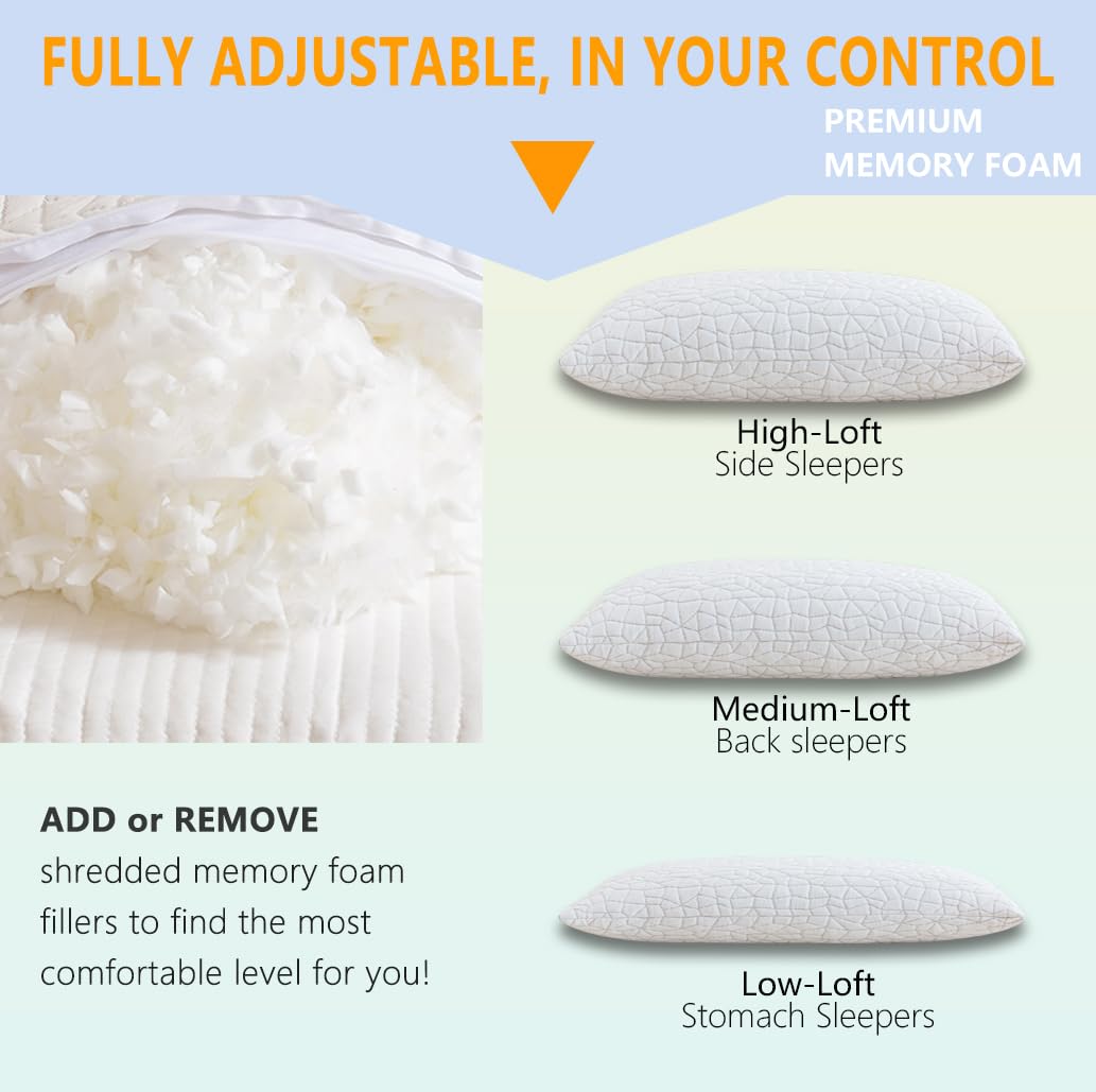Shredded Memory Foam Pillows Queen Size Set of 2 - Adjustable Bed Pillows for Side, Back & Stomach Sleepers, Cooling Comfort Pillows with Washable Cover for Better Sleep - Perfect for Home, Office & Travel Use