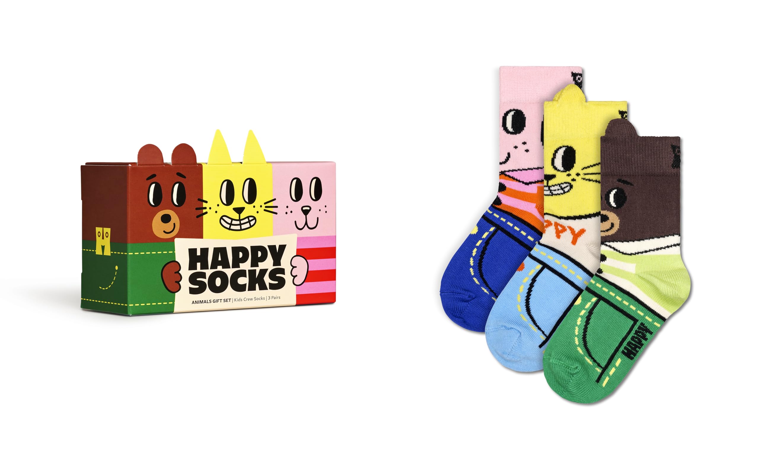 Happy Socks Kids Animal Crew Socks - Bear, Duck, Fox & More Fun Designs - Soft Cotton Socks for Boys & Girls - Perfect for School, Play & Everyday Wear